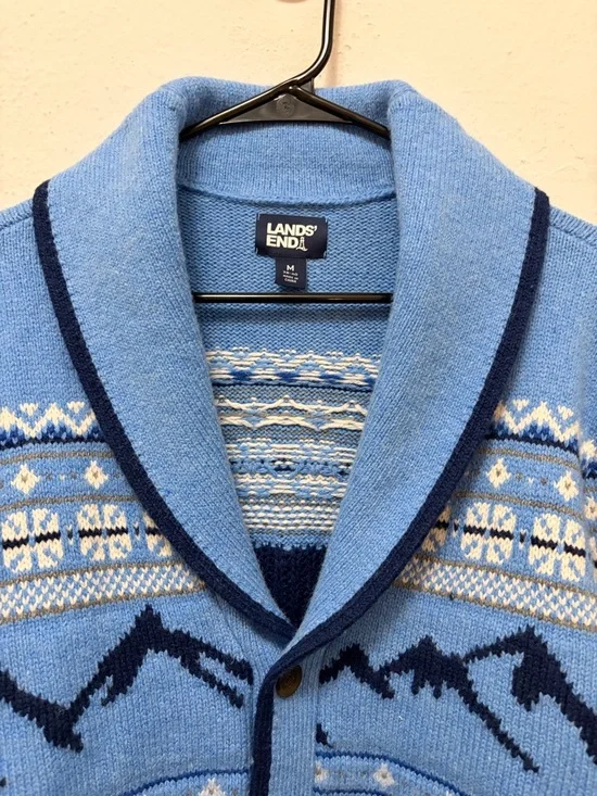 Lands' End Sky Blue Shawl Collar Fair Isle Cardigan with Navy Trim - Picture 2 of 7
